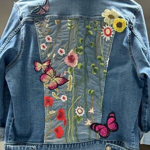 One of a kind by Amy King ANA Denim Jacket with Floral and Butterfly Embroidery